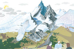 Eine Berglandschaft mit schneebedeckten Gipfeln, Felsen und einem Wasserfall, der in einen Fluss mündet. Im Vordergrund eine grüne Ebene mit verstreuten Häusern. Drei Personen sitzen an einem Tisch und betrachten Karten oder Pläne. Der Himmel zeigt Sonne, Wolken und Windlinien, die Wetterphänomene darstellen. Rechts im Bild ist ein Gitternetz über einem Berg angedeutet.